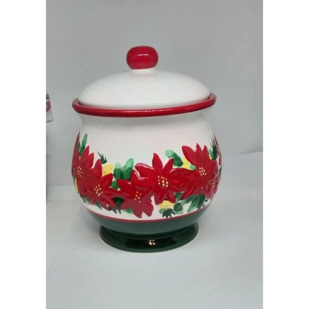 Ceramic Christmas Poinsettia Cookie Jar Canister Holiday Handpainted w/Box